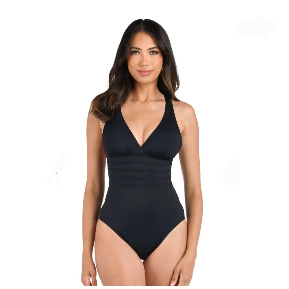 New la blanca black one piece tummy control swimsuit size 14